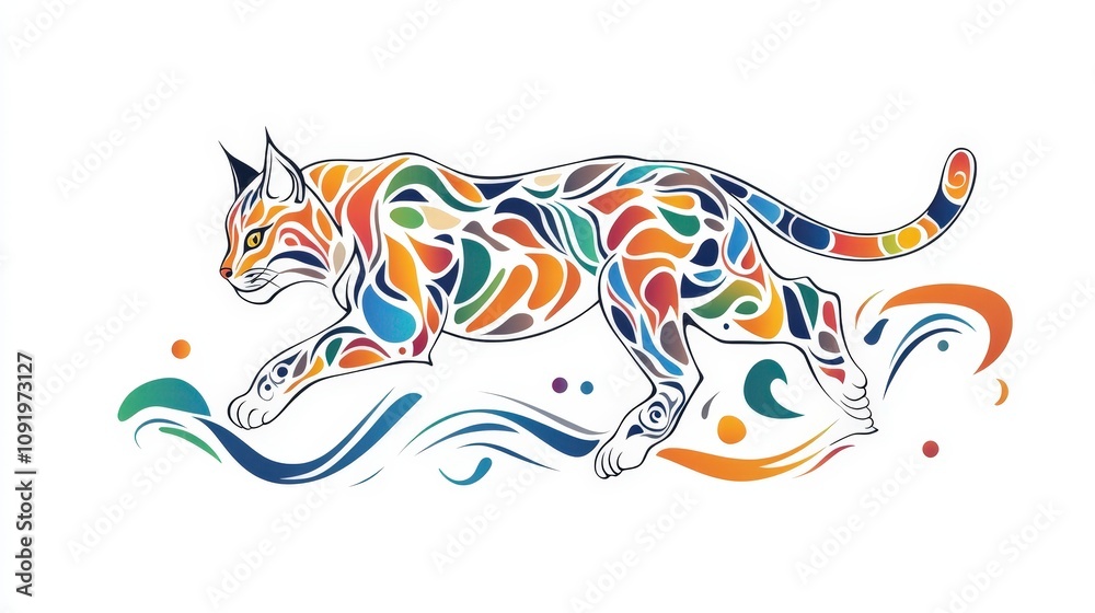 Obraz premium Colorful and Vibrant Abstract Illustration of a Cat in Motion with Dynamic Lines and Swirls, Representing Playfulness and Elegance in Nature