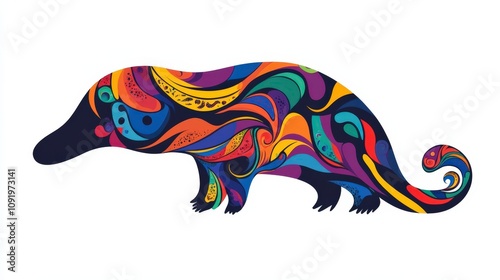 Vibrant Abstract Platypus Illustration with Colorful Swirls and Patterns Perfect for Creative Projects, Prints, and Decorative Art Displays photo