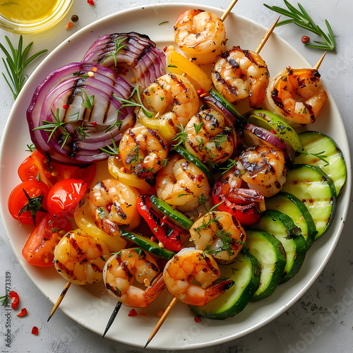 delicious grilled shrimp skewers with colorful vegetables on a plate, perfect for a summer barbecue or healthy meal concept with a white accent, png photo