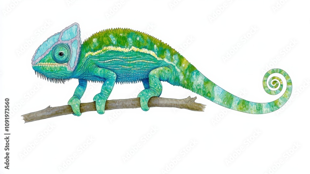 Fototapeta premium Colorful Chameleon Climbing on a Branch with Intricate Details and Vibrant Patterns, Showcasing Its Unique Features Against a Plain Background