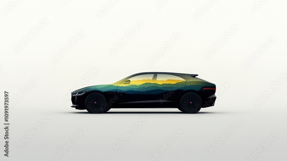Fototapeta premium Modern Electric Car with Unique Artistic Design Featuring Scenic Mountain Landscape in Vibrant Colors Set Against Minimalist Background