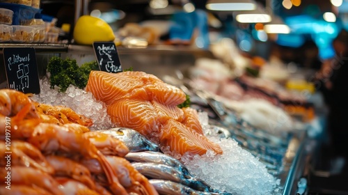 Fresh seafood display with salmon fillets and shrimp on ice photo