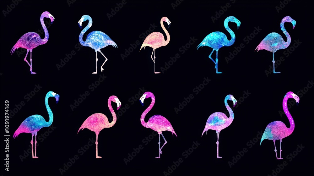 Obraz premium Colorful Abstract Flamingo Collection Against Black Background Showcasing Vibrant Artistic Interpretations of Exotic Birds in Various Poses and Angles