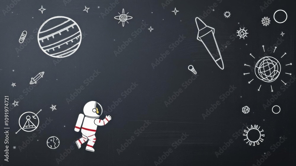 Naklejka premium Happy little Asian girl in astronaut suit drawing universe on class chalkboard, print media, chalkboard, school