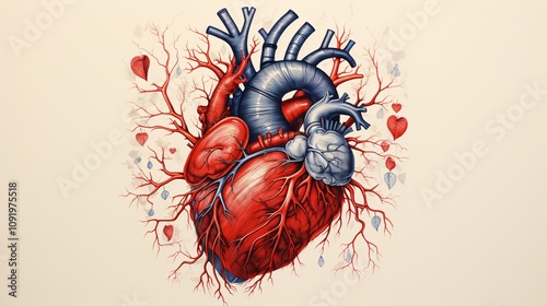 Detailed illustration of a human heart with aorta and vena cava photo