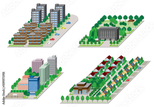 都市景観の立体イラスト.  建物のベクターイラスト.