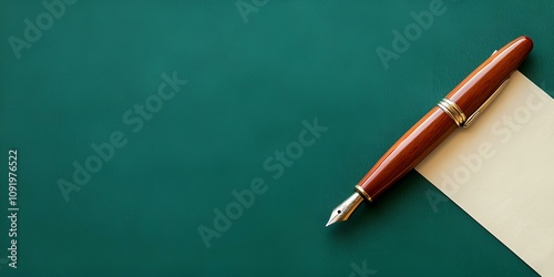 An antique pen composing a letter to Santa on the right side, set against a wide green background with space for additional content.