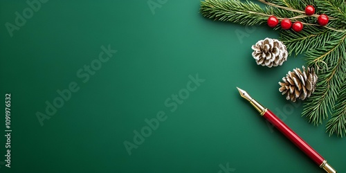 A vintage pen writing a letter to Santa on the right side against a green background with ample copy space.