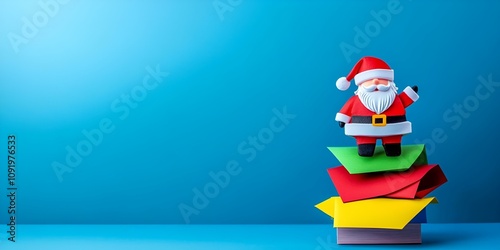 A stack of festive envelopes addressed to Santa Claus, positioned on the right side, set against a panoramic blue backdrop with space for text. 