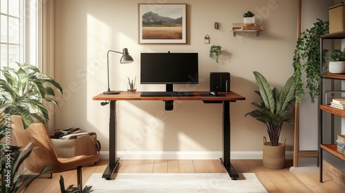 Computer desk with a monitor and keyboard on it. The desk is in a room with a lot of plants and a chair