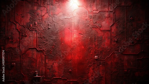 A Deep Red Metal Panel Illuminated by a Single Light Source, with a Distressed and Textured Surface