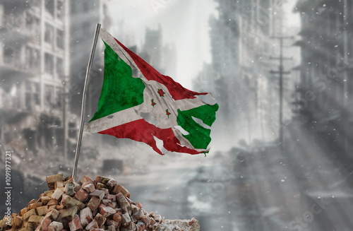 Dirty and torn Burundi flag, symbol of resistance and victory. A scene of war and devastation, the ruins of a city destroyed by conflicts. 3D Rendering. photo