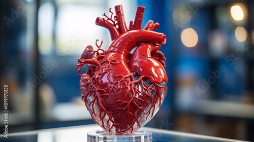 Close-up of a human heart model with emphasis on the arterial system photo