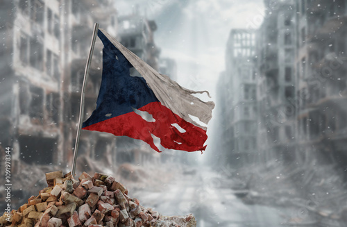 Sticker Dirty and torn Czech Republic flag, symbol of resistance and victory