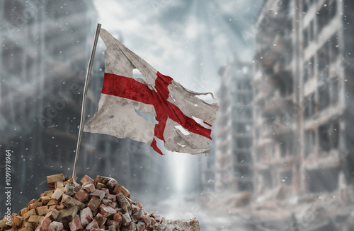 Dirty and torn England flag, symbol of resistance and victory. A scene of war and devastation, the ruins of a city destroyed by conflicts. 3D Rendering. photo