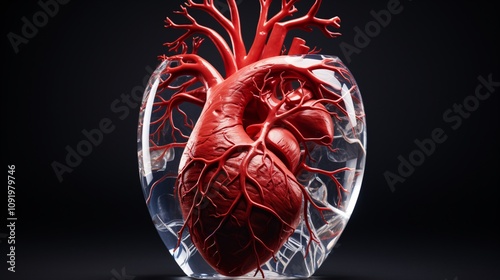 Human heart model with clear illustration of major arteries and veins