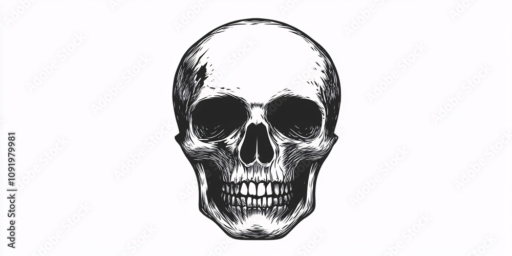 A detailed black and white drawing of a human skull. A detailed black and white drawing of a human skull.
