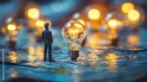 Conceptual business idea with lightbulbs and miniature figure photo