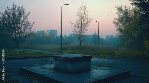 Foggy Dawn Landscape With Stone Structure and Buildings photo