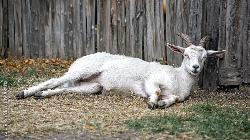 Obraz premium Relaxed white goat resting near a wooden fence.