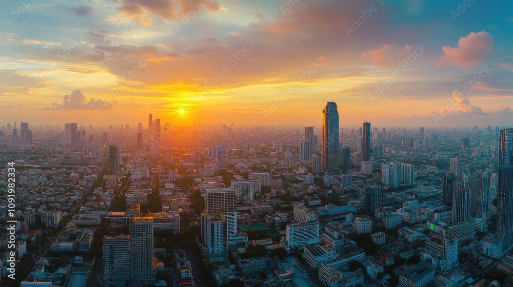 Fototapeta premium Stunning panoramic sunset view over a sprawling cityscape.
