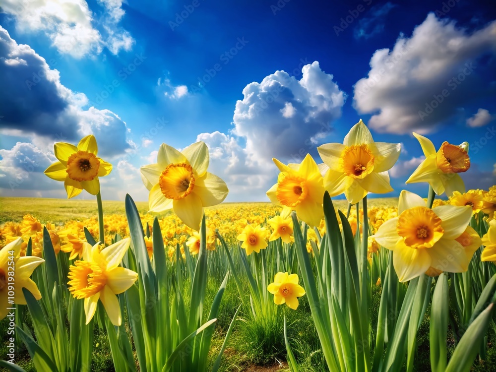 Fototapeta premium Beautiful Daffodil Narcissus Flowers Blooming in a Fresh Spring Meadow Under Bright Blue Skies, Capturing the Essence of Nature's Colorful Beauty and Seasonal Renewal