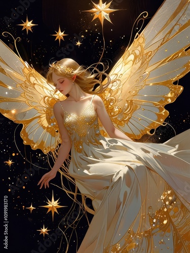 Fairylike Being in Swirling Golden Cosmos with Iridescent Wings - Oil Painting Elegance photo