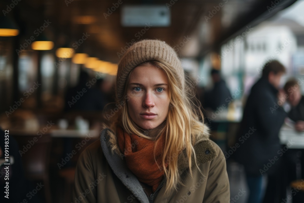 Portrait of a beautiful young woman in a hat and scarf in a cafe Portrait of a beautiful young woman in a hat and scarf in a cafe