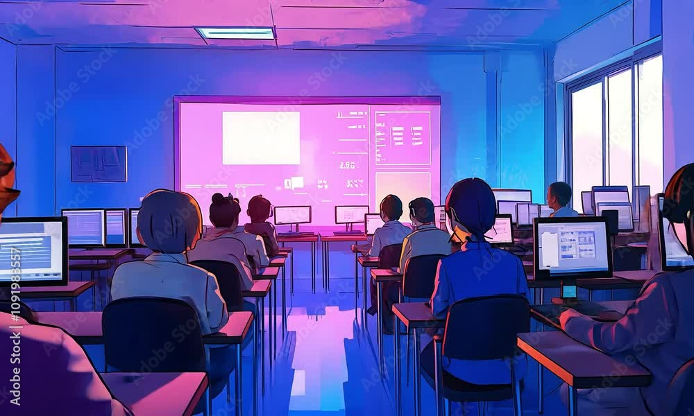 Classroom with Students Learning on Computers illustration cartoon with ...