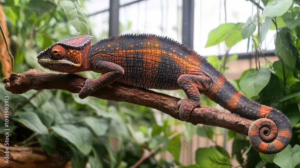 Vibrant orange and black chameleon perched on a branch. Vibrant orange and black chameleon perched on a branch.
