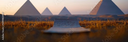 Pyramids in the desert with dramatic sunset lighting and floating object.