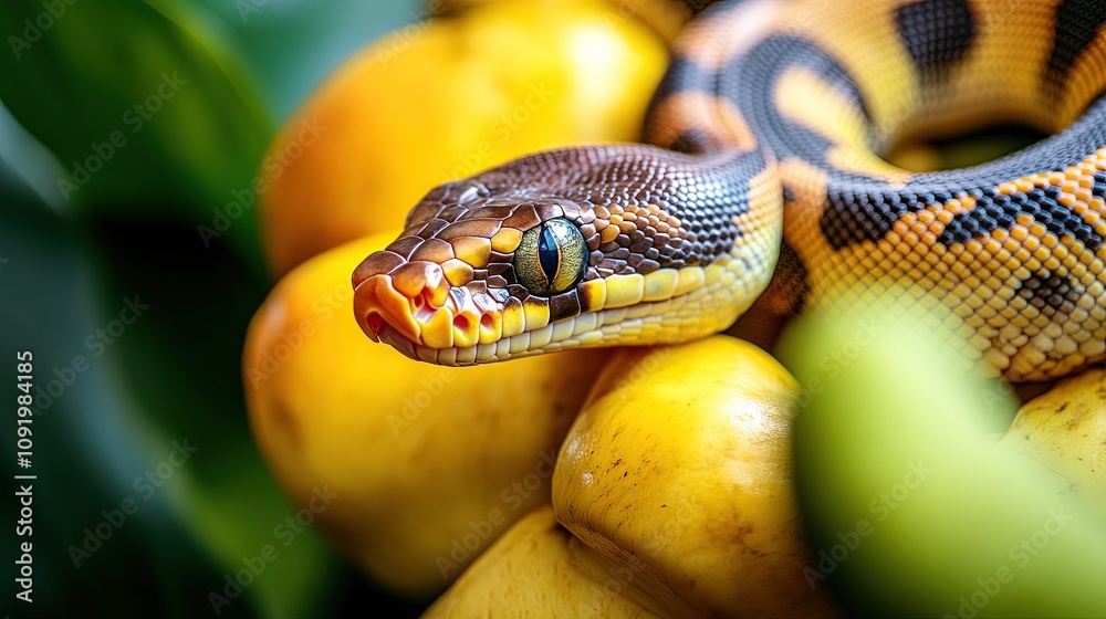 Fototapeta premium Yellow python, portrait of a ball python on white background Dark-eyed pet snake 