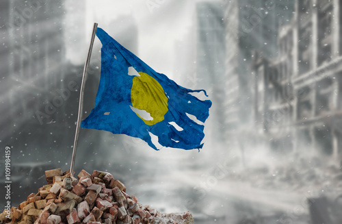 Dirty and torn Palau flag, symbol of resistance and victory. A scene of war and devastation, the ruins of a city destroyed by conflicts. 3D Rendering. photo