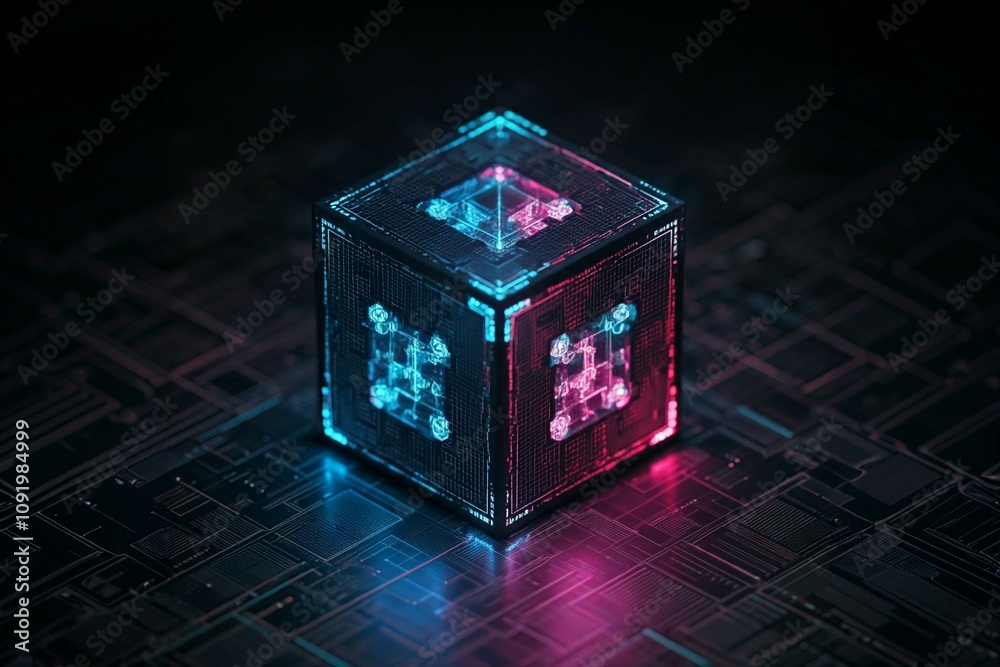 Obraz premium A glowing neon cube with digital patterns on a dark, textured surface.