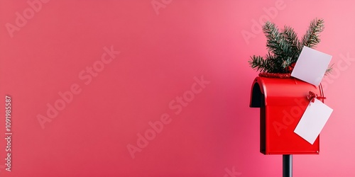 Overflowing Santa mailbox web banner. Mailbox filled with letters on pink background.