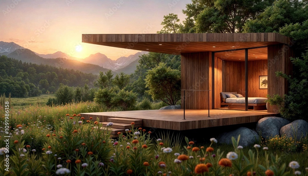 Fototapeta premium Cantilevered Wooden Deck Over Greenery at Dusk