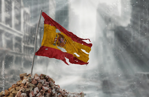 Dirty and torn Spain flag, symbol of resistance and victory. A scene of war and devastation, the ruins of a city destroyed by conflicts. 3D Rendering.