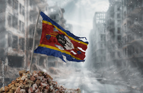 Dirty and torn Swaziland flag, symbol of resistance and victory. A scene of war and devastation, the ruins of a city destroyed by conflicts. 3D Rendering.