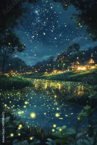 A serene village scene at night, illuminated by the glow of fireflies and the stars above, reflecting on a tranquil river, Ideal for promoting nature, tranquility, and evening aesthetics,