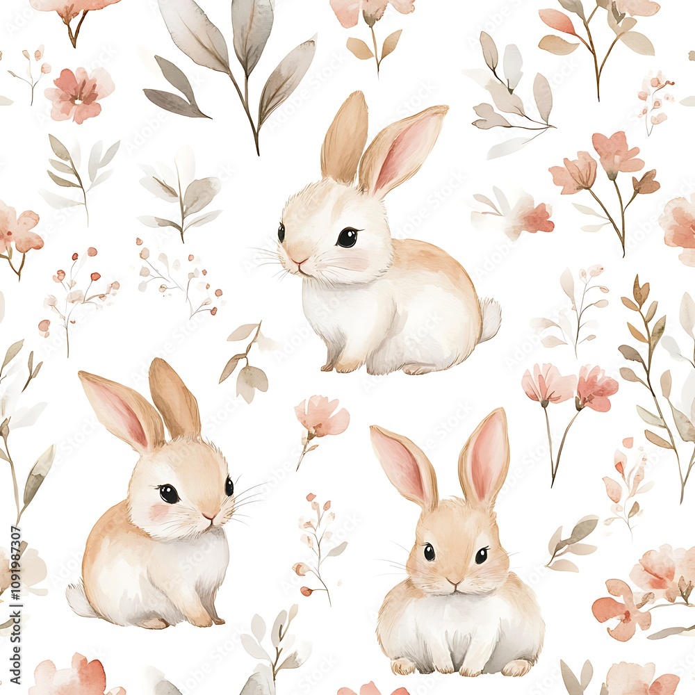 Fototapeta premium Watercolor Pattern of Adorable Bunnies with Delicate Floral Details