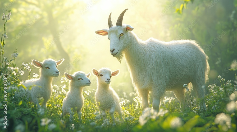 Obraz premium Majestic white goat with two kids in a sunlit meadow.