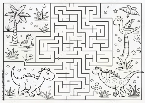 Black and White Maze Game for Kids Featuring a Mother Dinosaur Navigating to Her Baby Dinos in a Printable Labyrinth Activity for Children