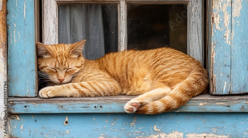 Cat lounging on a windowsill basking in the summer sun  photo