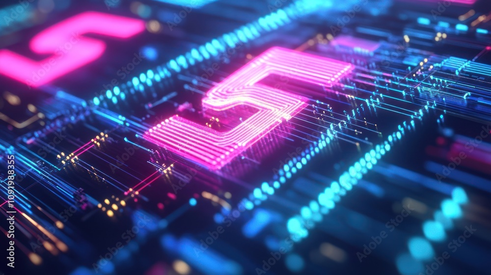 Neon Number Five On Digital Circuitry Neon Number Five On Digital Circuitry
