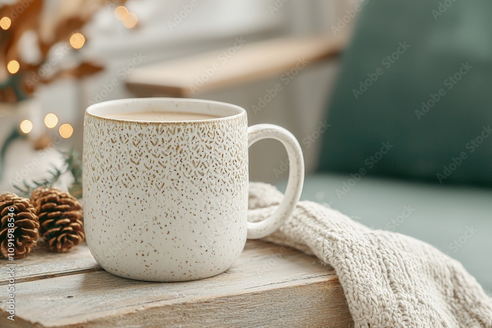 Fototapeta premium Cozy ceramic mug with warm drink indoors.