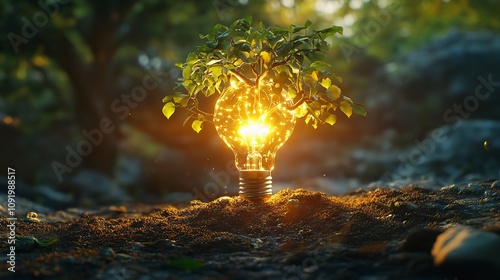  A glowing light bulb tree in a lush green field symbolizes the power of renewable energy and a sustainable future and green fields. photo