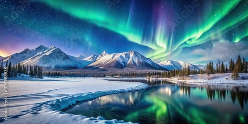 winter landscape in Yukon Canada with northern lights, snow mountains, tranquil frozen lake