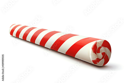 A large, spiral-striped candy cane with red and white colors, resembling a festive treat.