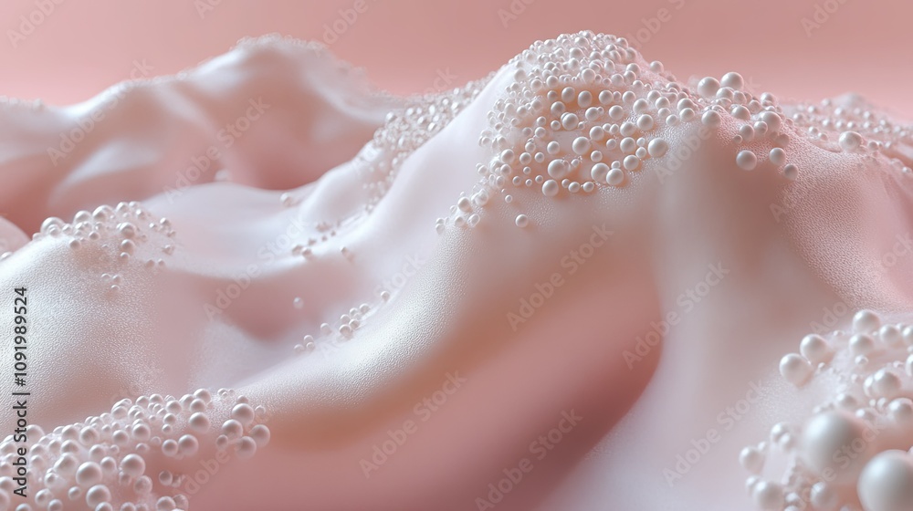 Fototapeta premium Abstract Pink Landscape with Soft Curves and Glossy White Bubbles Creating a Dreamy and Ethereal Atmosphere for Creative Projects and Visual Concepts