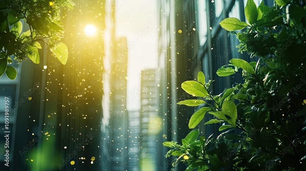 Obraz premium Sunlight streams through city leaves.